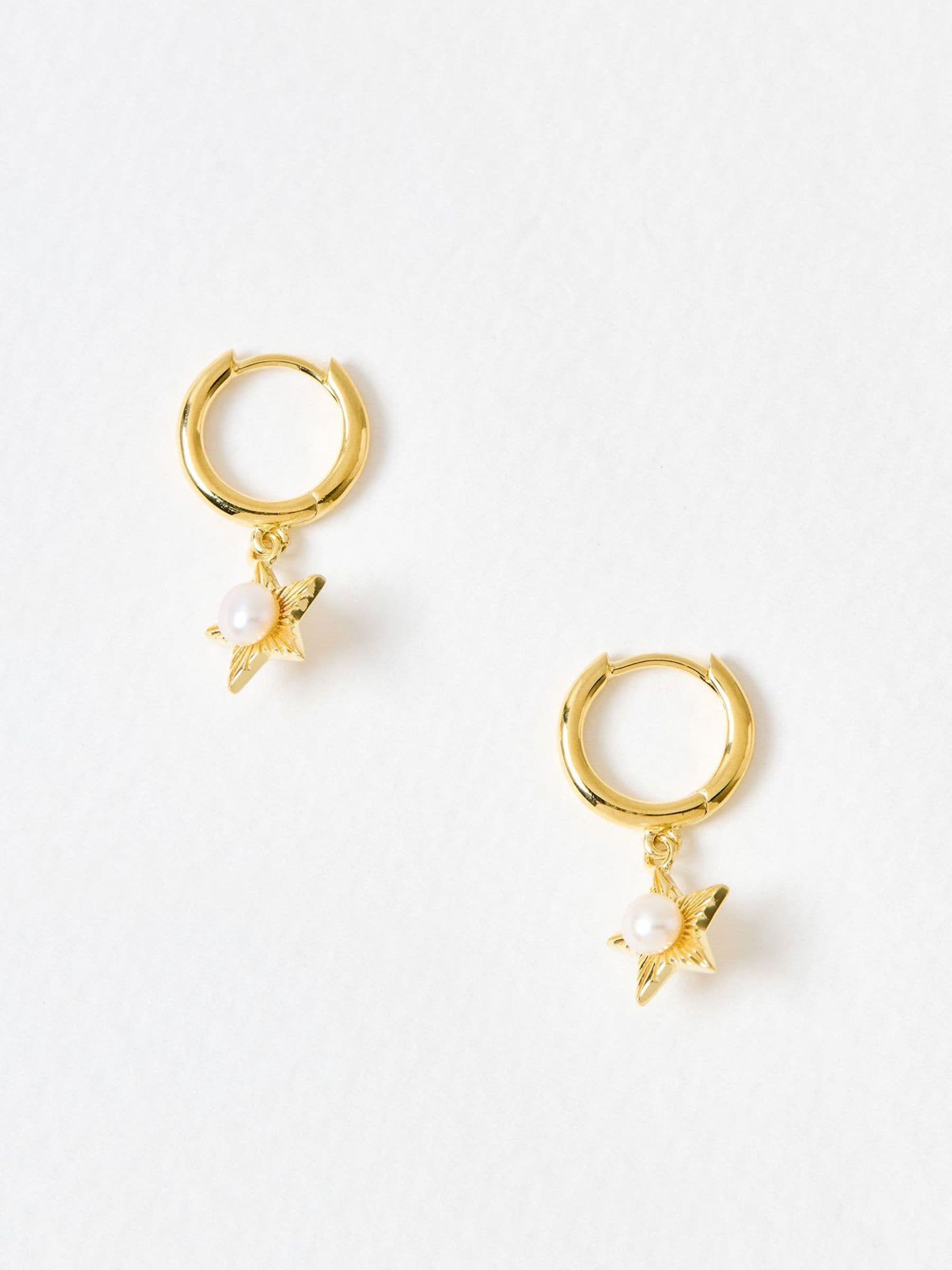 Oliver Bonas gold plated pearl star drop hoop earrings (British brand)