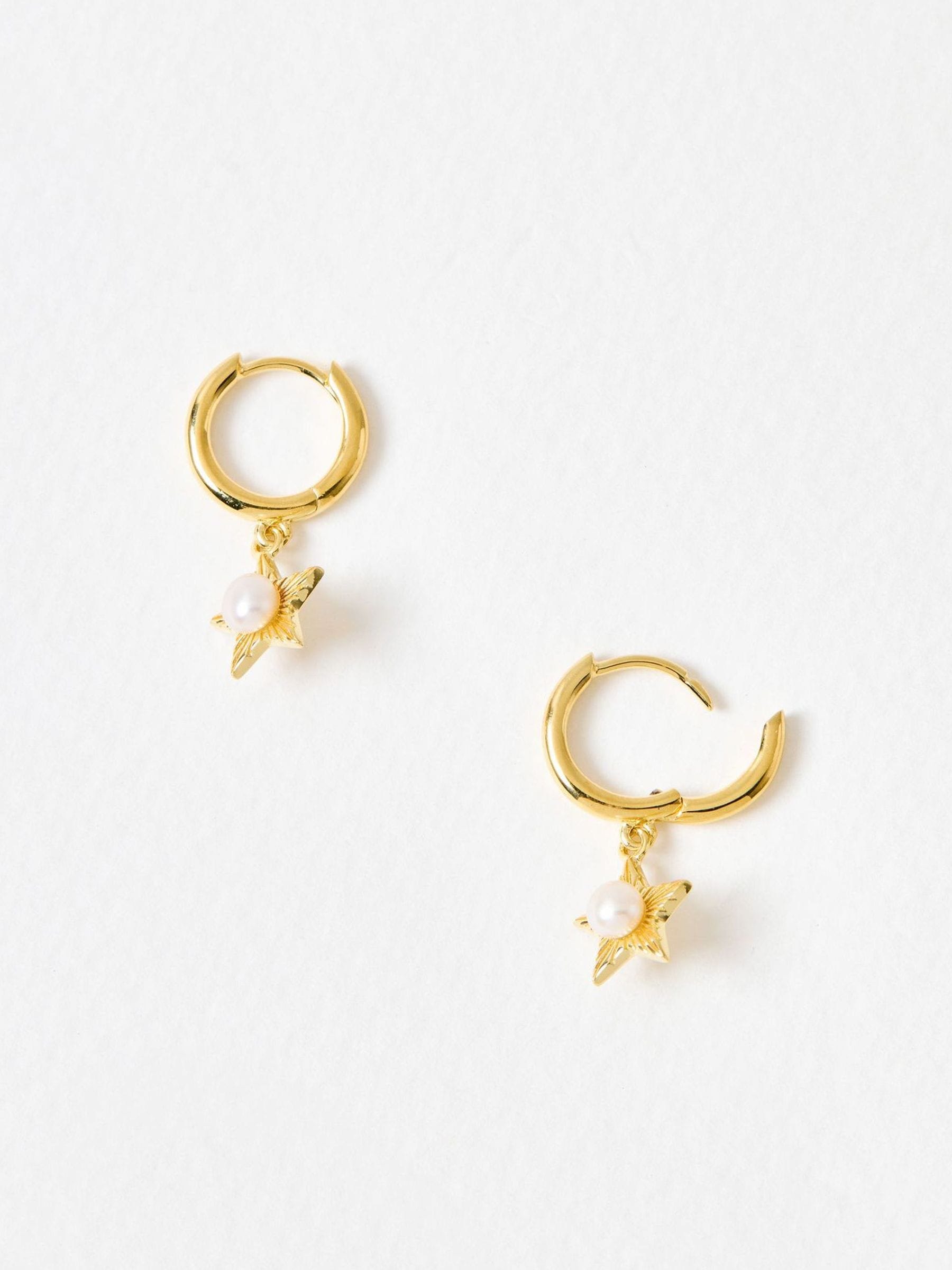 Oliver Bonas gold plated pearl star drop hoop earrings (British brand)