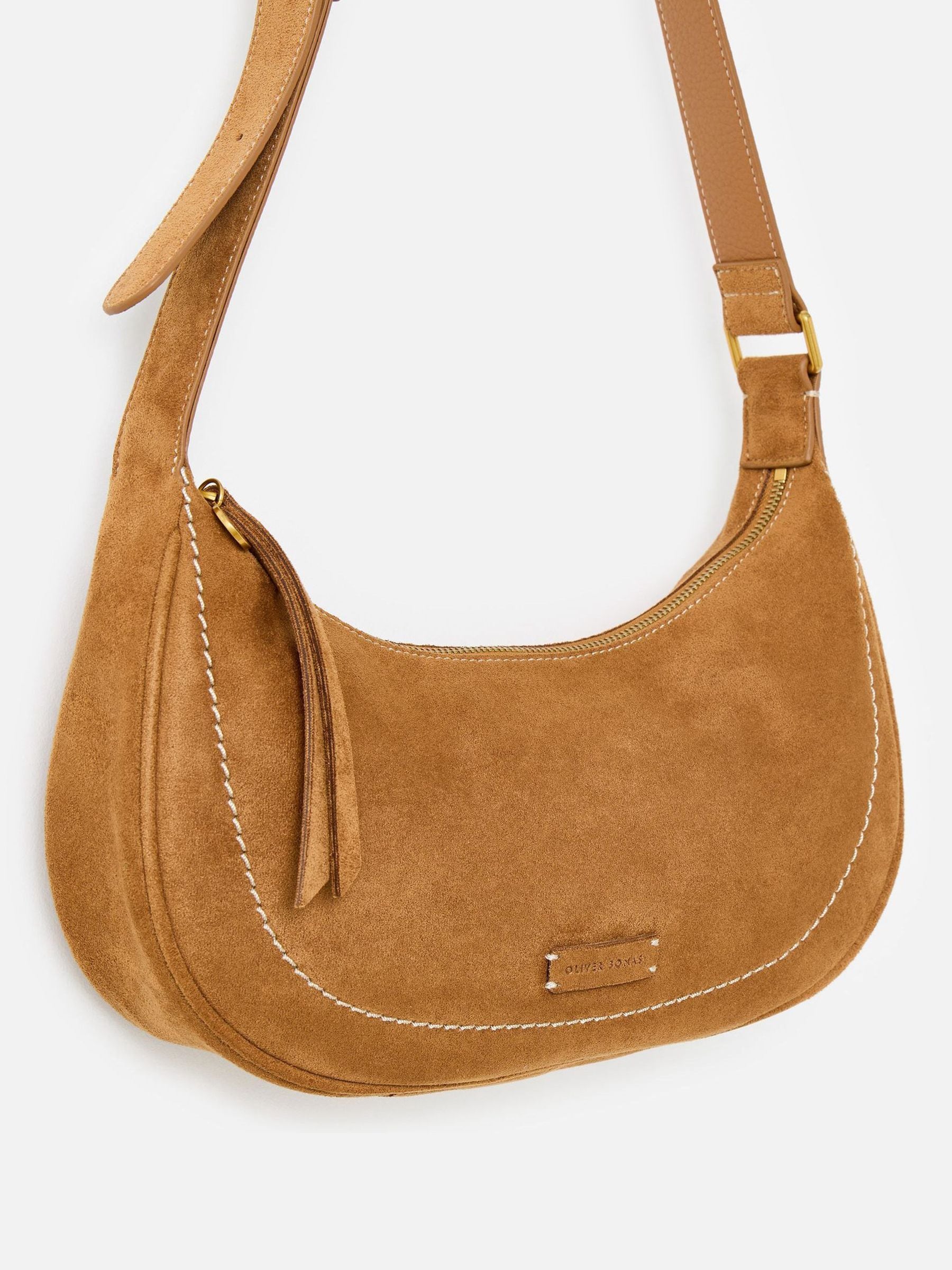 Oliver Bonas Ida tan faux suede sling crossbody bag, UK version