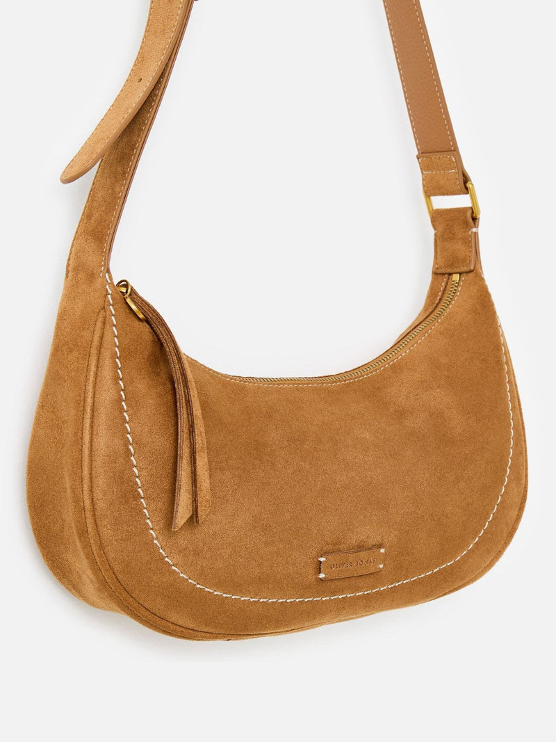 Oliver Bonas Ida tan faux suede sling crossbody bag, UK version