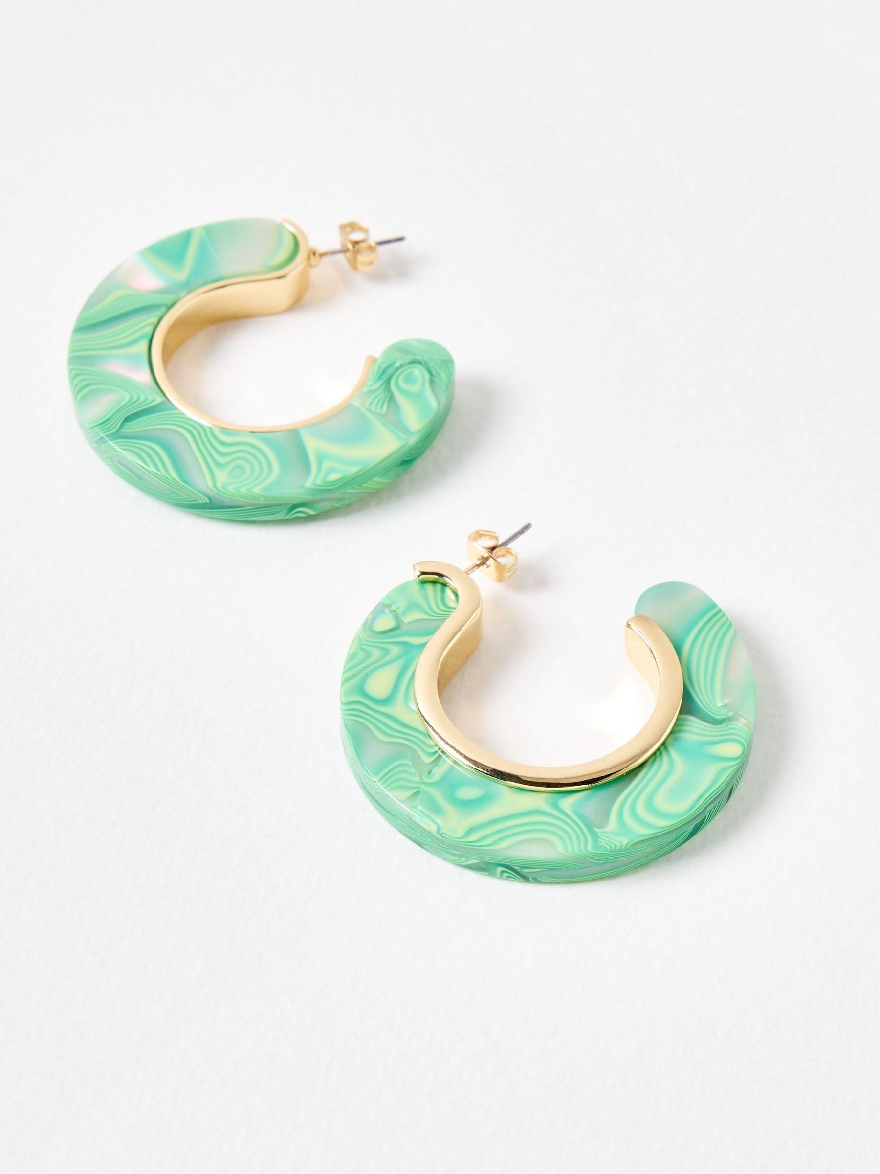 Oliver Bonas green resin gold detail hoop earrings - British product