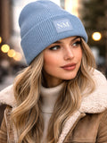 Loveabode Personalised Dusty Blue Cuffed Beanie Hat with Tonal Initials Patch