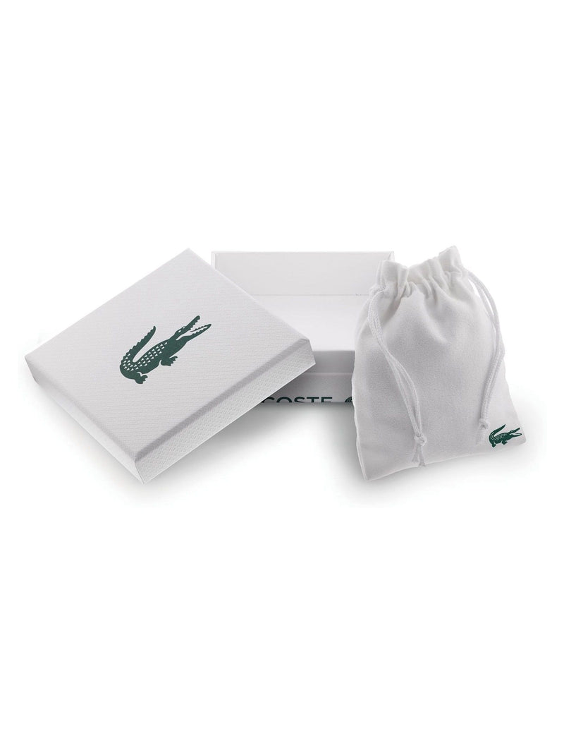 Lacoste silver tone stainless steel Spelt necklace with green logo (British brand)