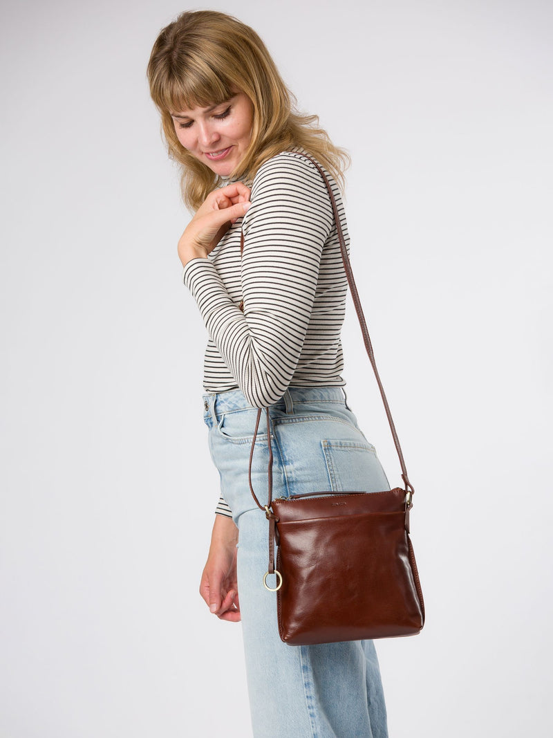 Conkca Cassia brown leather cross-body bag, imported from the UK