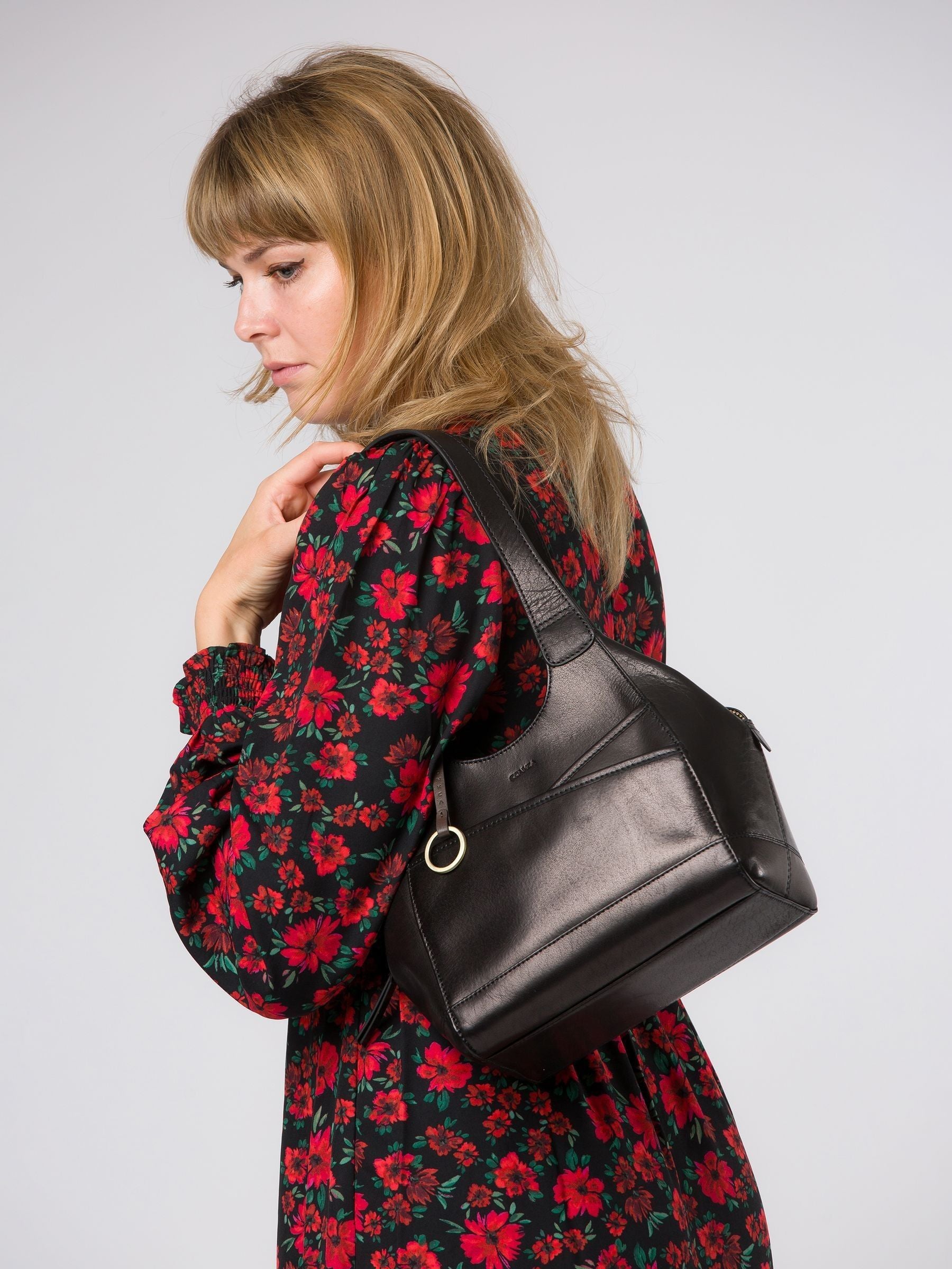 Conkca black Vesper leather handbag with brass fittings (British brand)