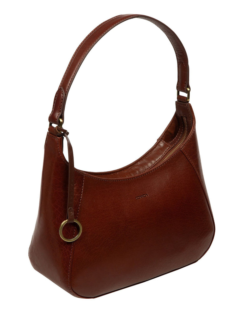 Conkca brown Vivienne leather grab bag with brass fittings, imported from the UK