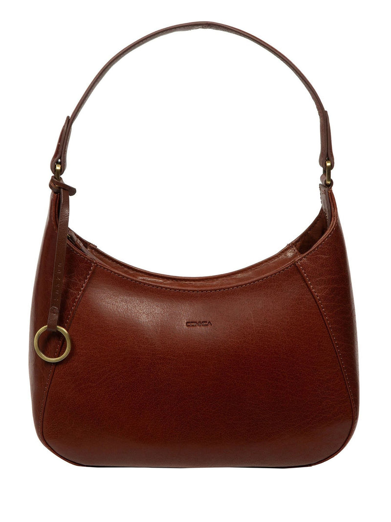 Conkca brown Vivienne leather grab bag with brass fittings, imported from the UK