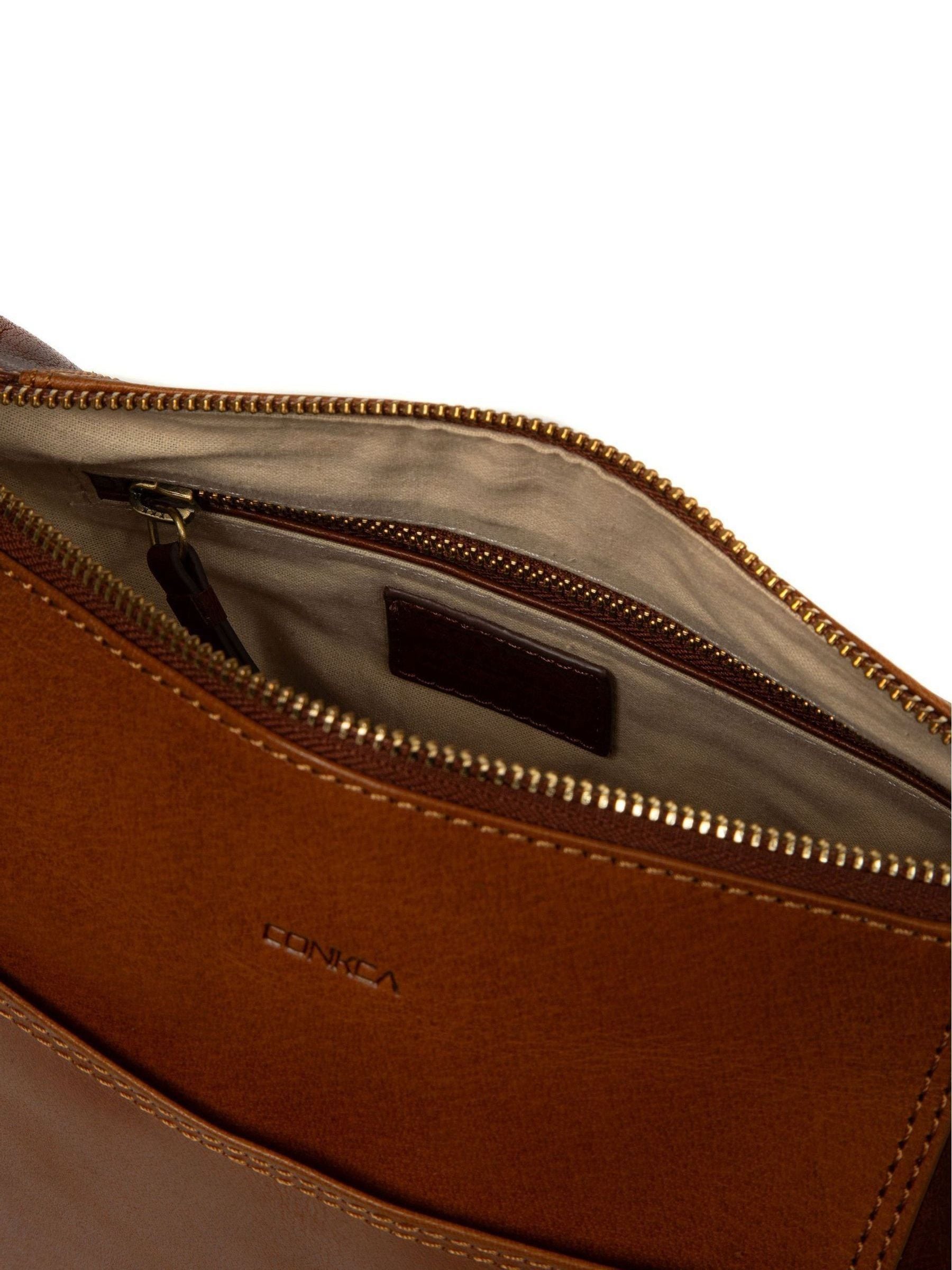 Conkca multi-toned brown leather shoulder bag with adjustable strap, UK version