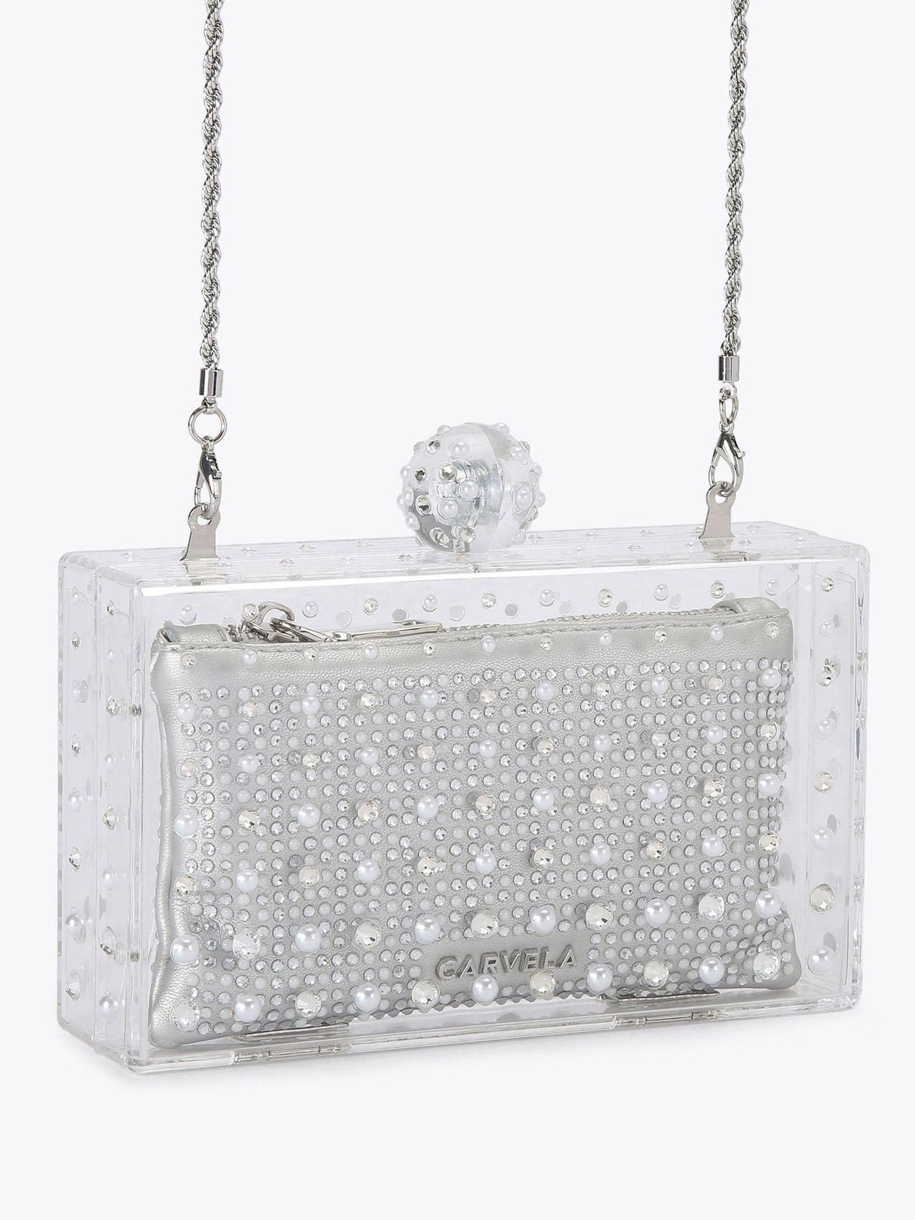 Carvela Cristallo clutch bag in silver tone with crystals, imported from the UK