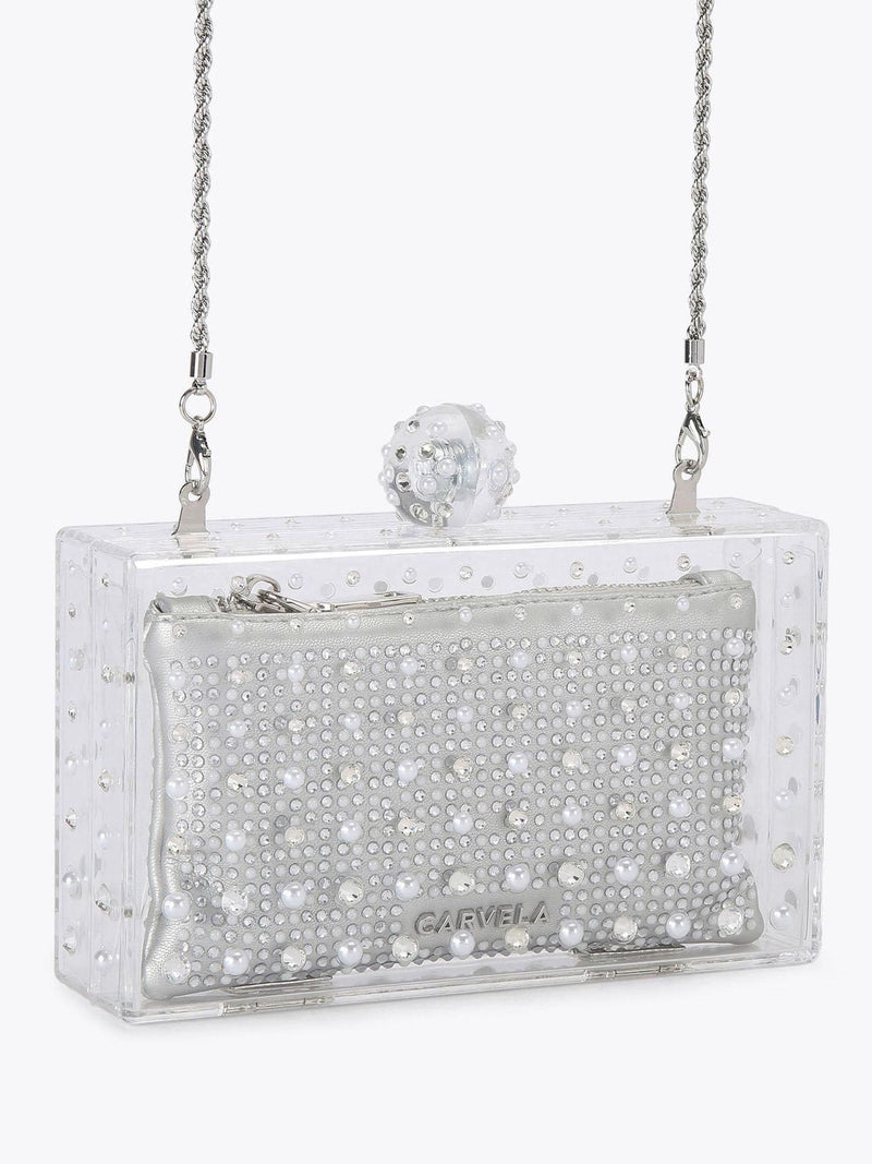 Carvela Cristallo clutch bag in silver tone with crystals, imported from the UK