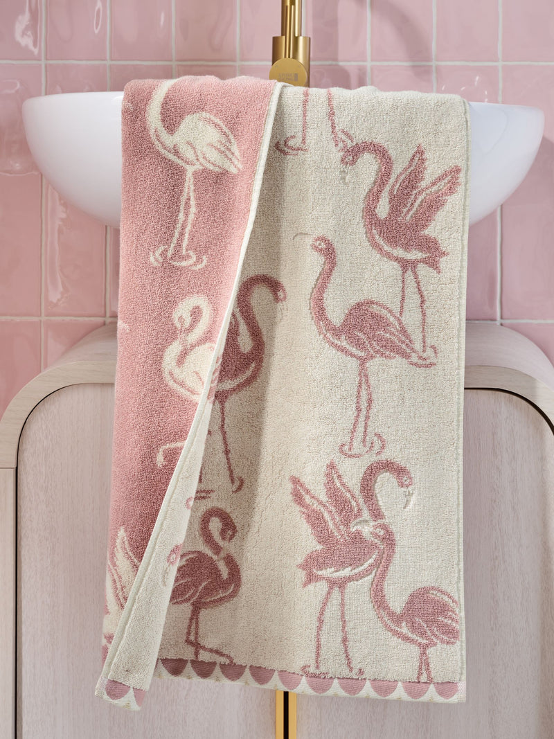 Pink Flamingo towel with sparkle detail hand and bath sizes - British product