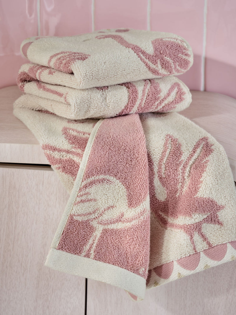 Pink Flamingo towel with sparkle detail hand and bath sizes - British product