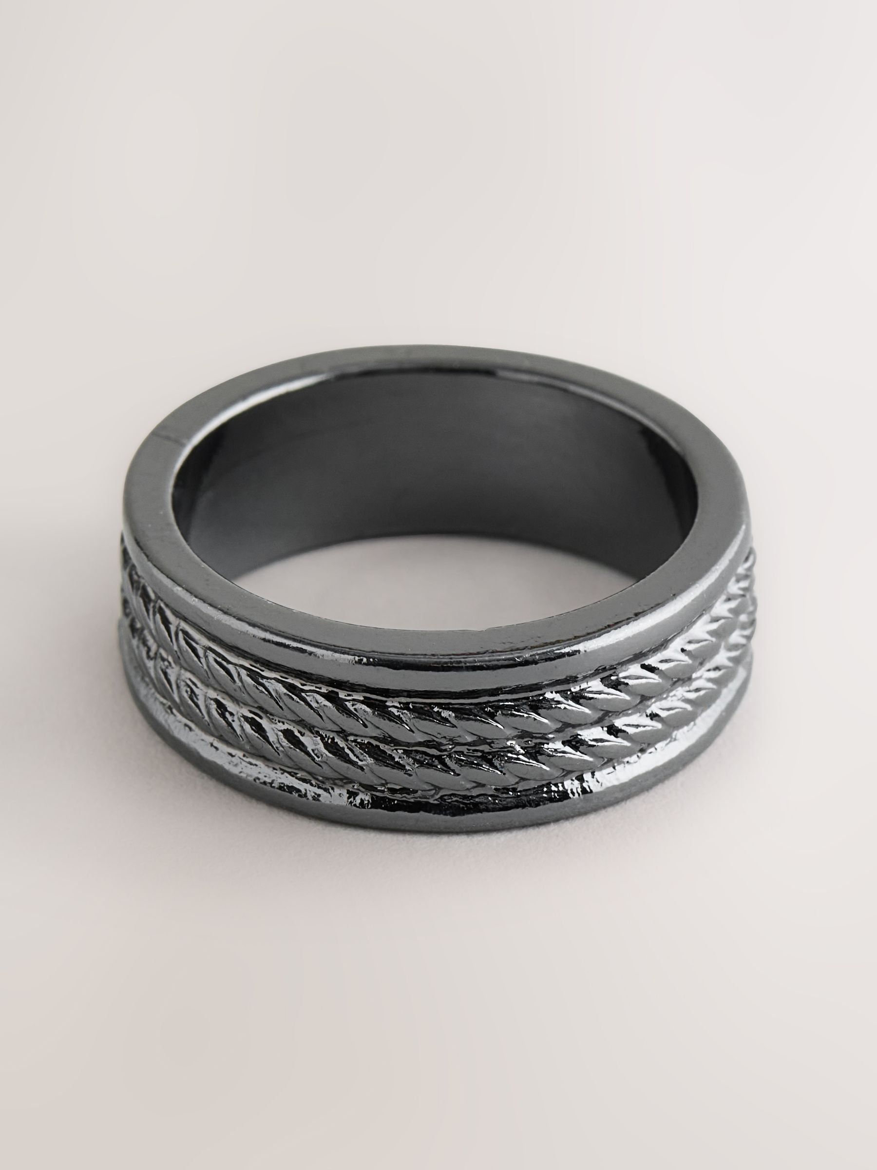 Black rope detail band ring made from zinc - British product