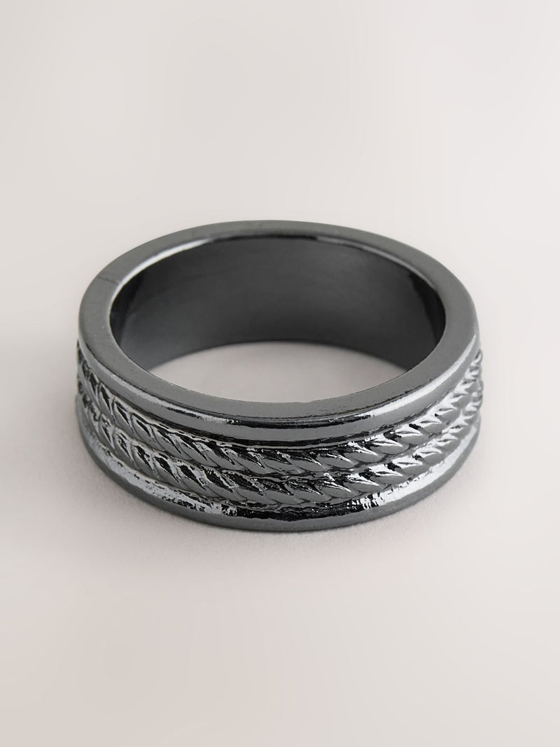 Black rope detail band ring made from zinc - British product