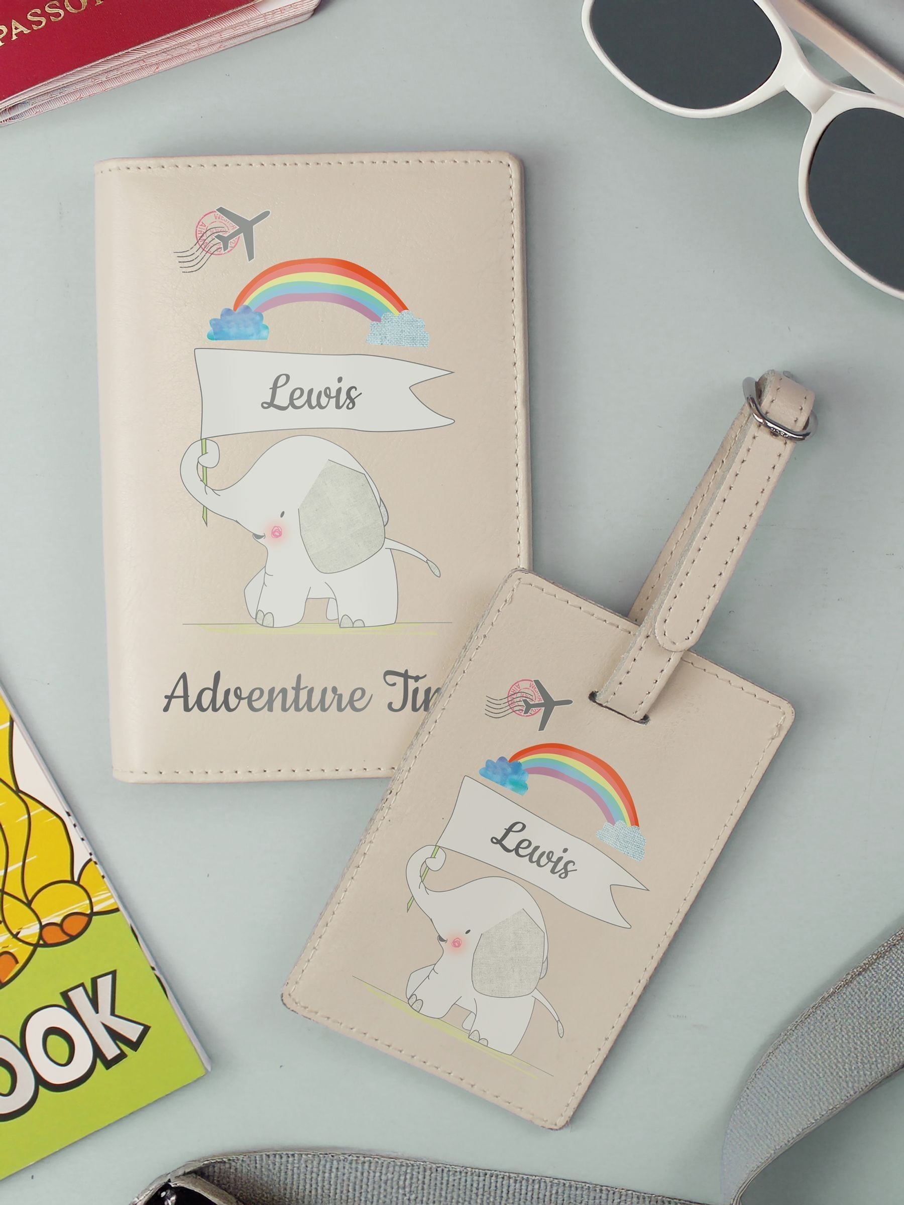 PMC personalised elephant passport and luggage tag set (British brand)
