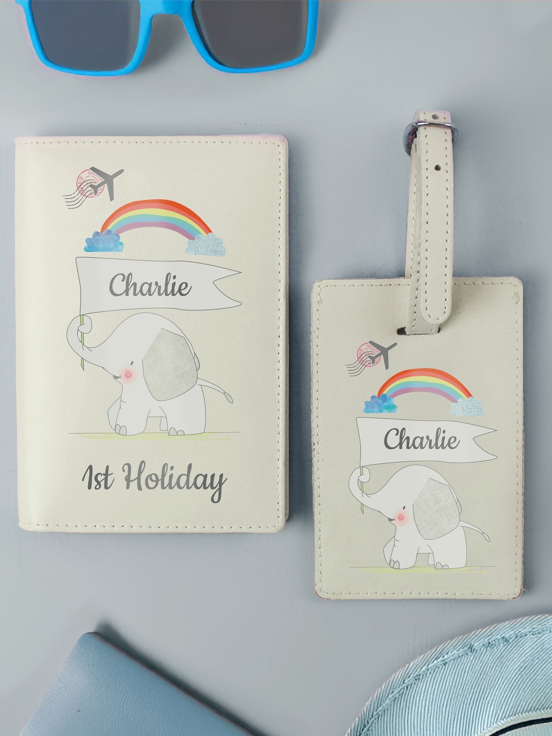 PMC personalised elephant passport and luggage tag set (British brand)