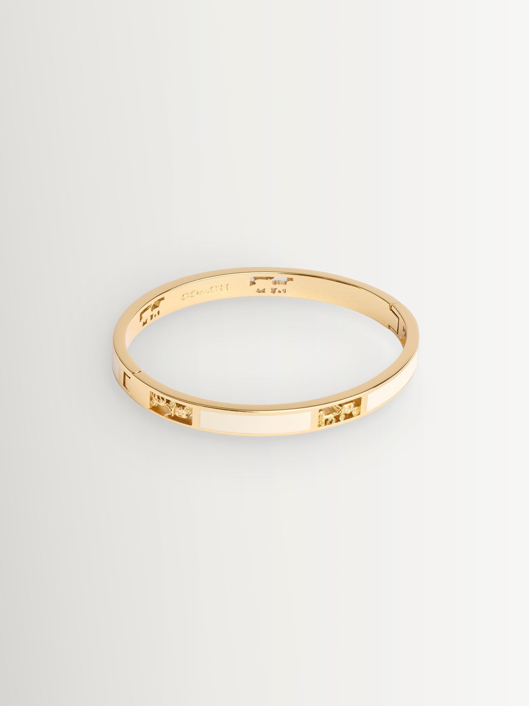 Neutral Chalk Enamel Hinged Bangle Bracelet with Horse and Carriage Cut Outs