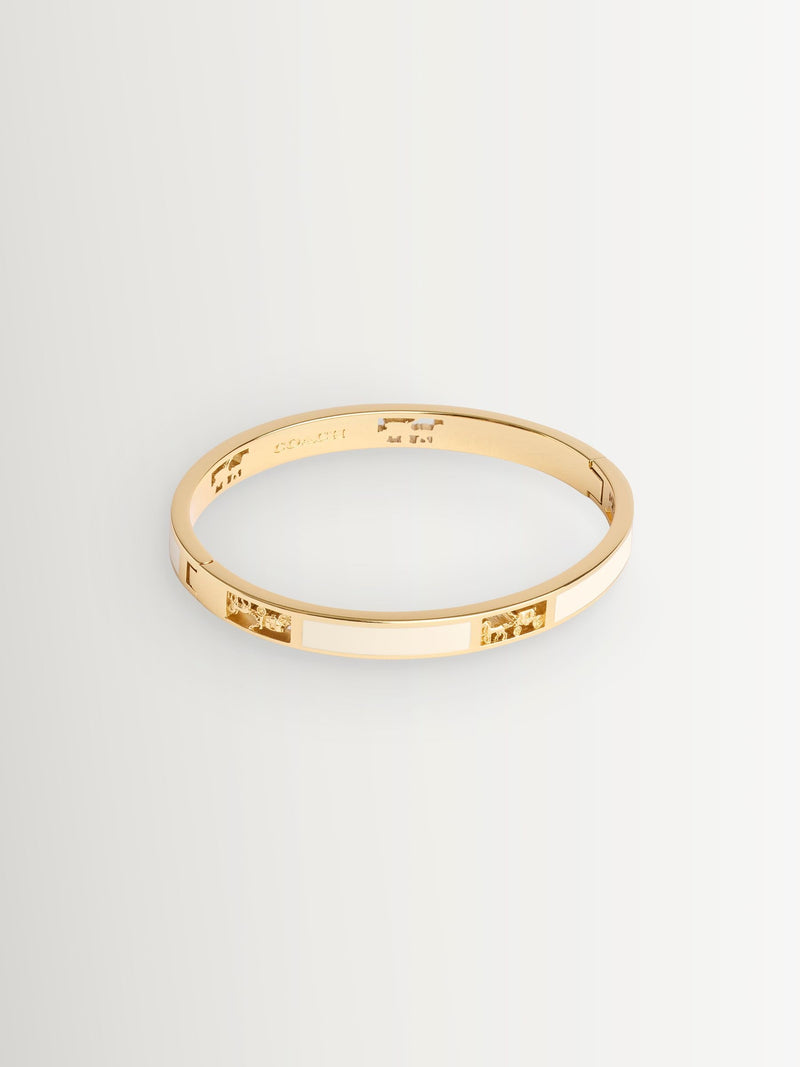Neutral Chalk Enamel Hinged Bangle Bracelet with Horse and Carriage Cut Outs