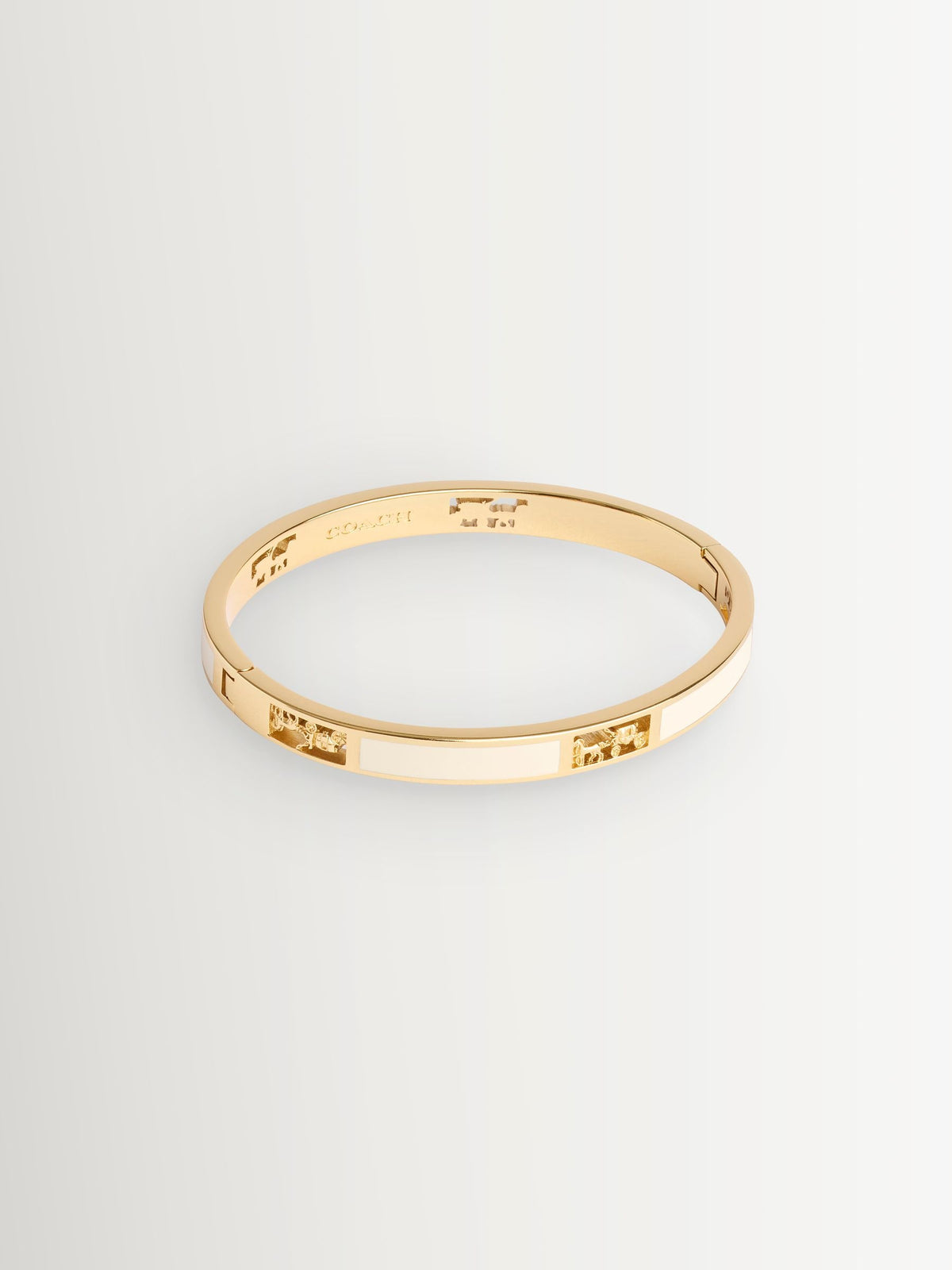 Neutral Chalk Enamel Hinged Bangle Bracelet with Horse and Carriage Cut Outs