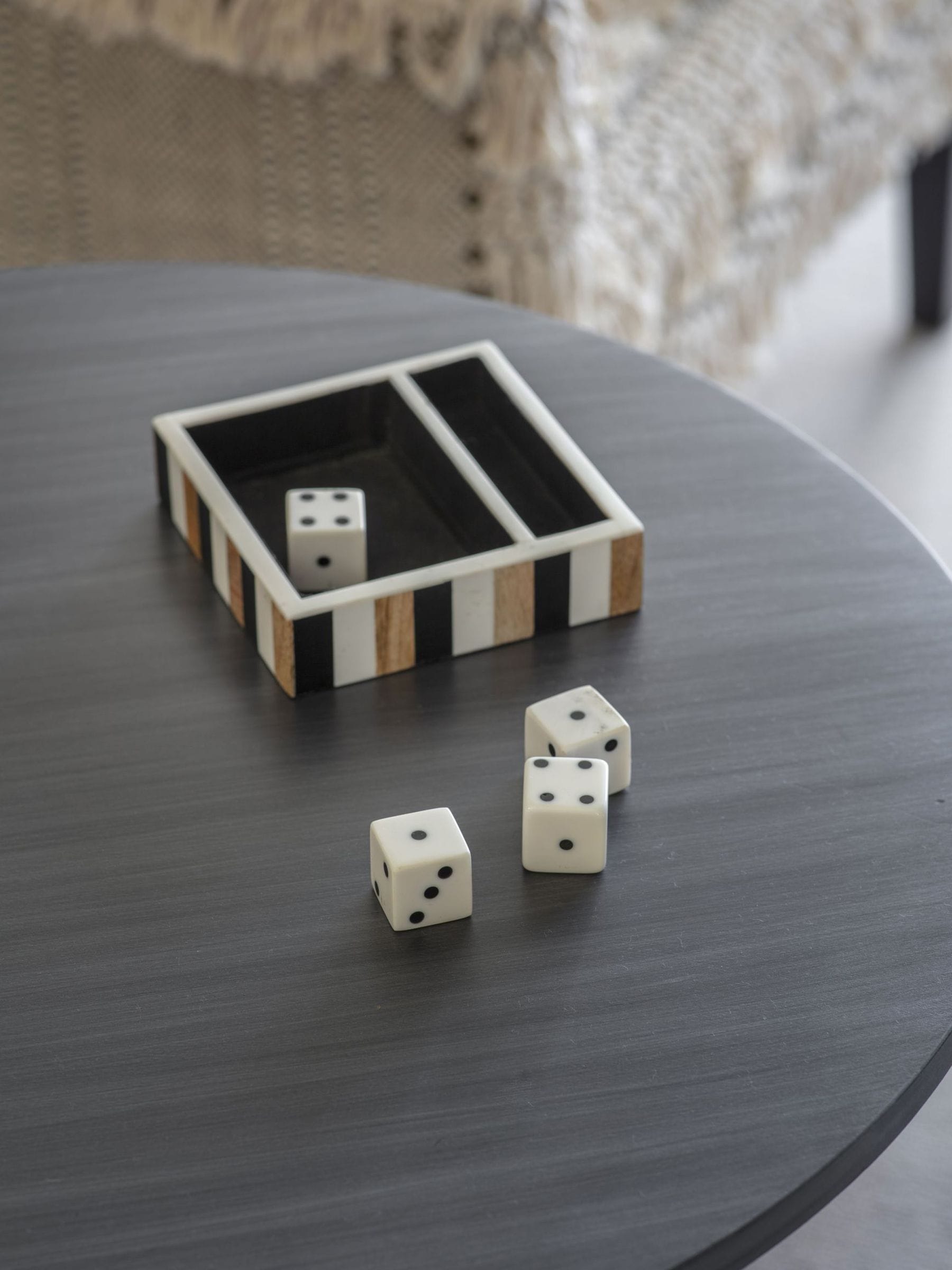 Libra Interiors Set of 4 White Wooden Dice in a Tray