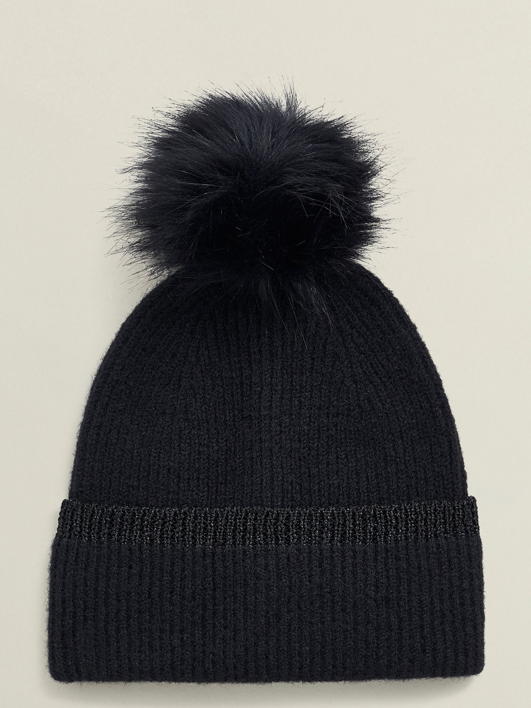 Hobbs black Carys knit hat with faux fur pom, UK version