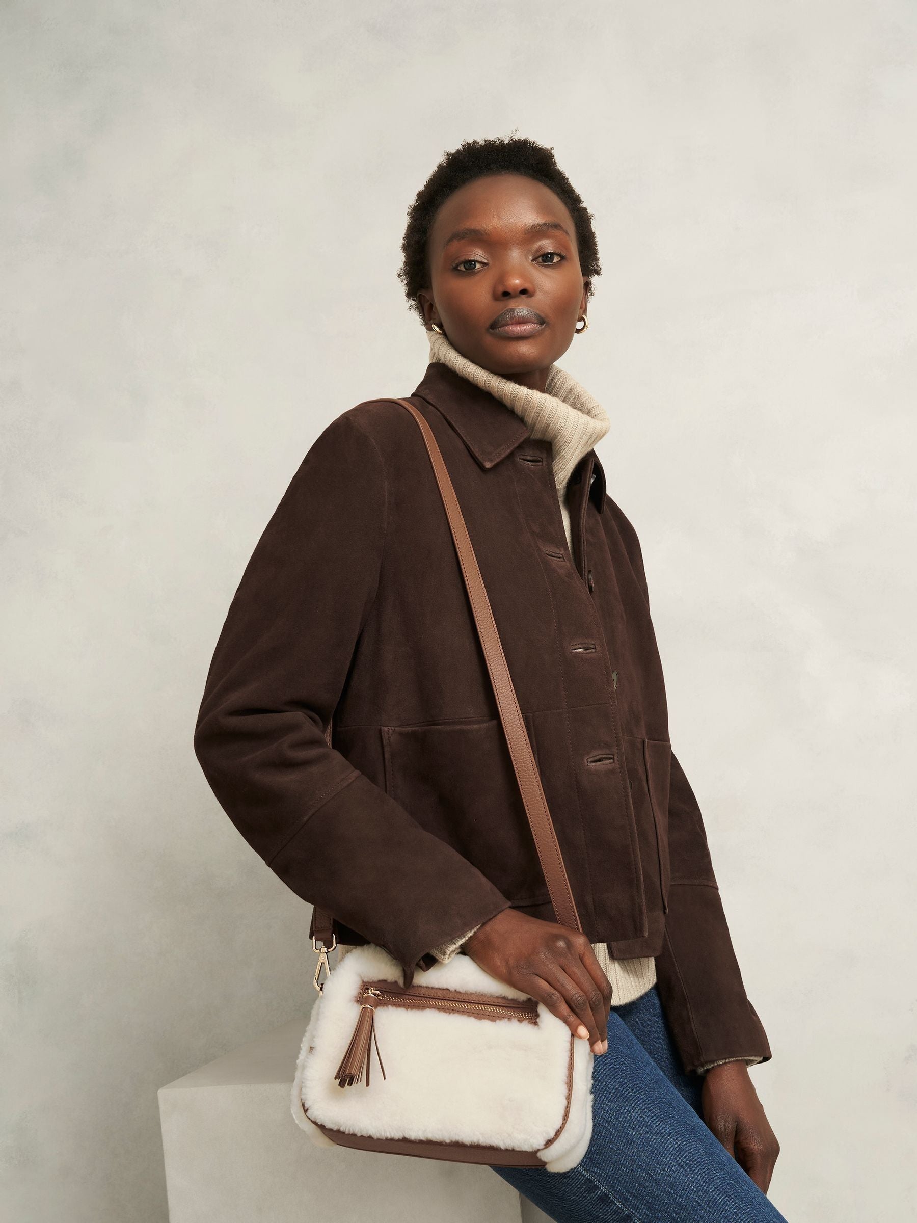 Hobbs shearling crossbody bag tan leather, imported from the UK