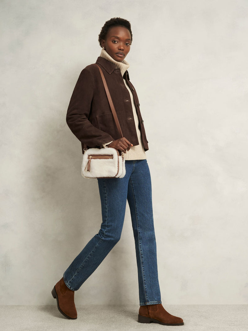 Hobbs shearling crossbody bag tan leather, imported from the UK