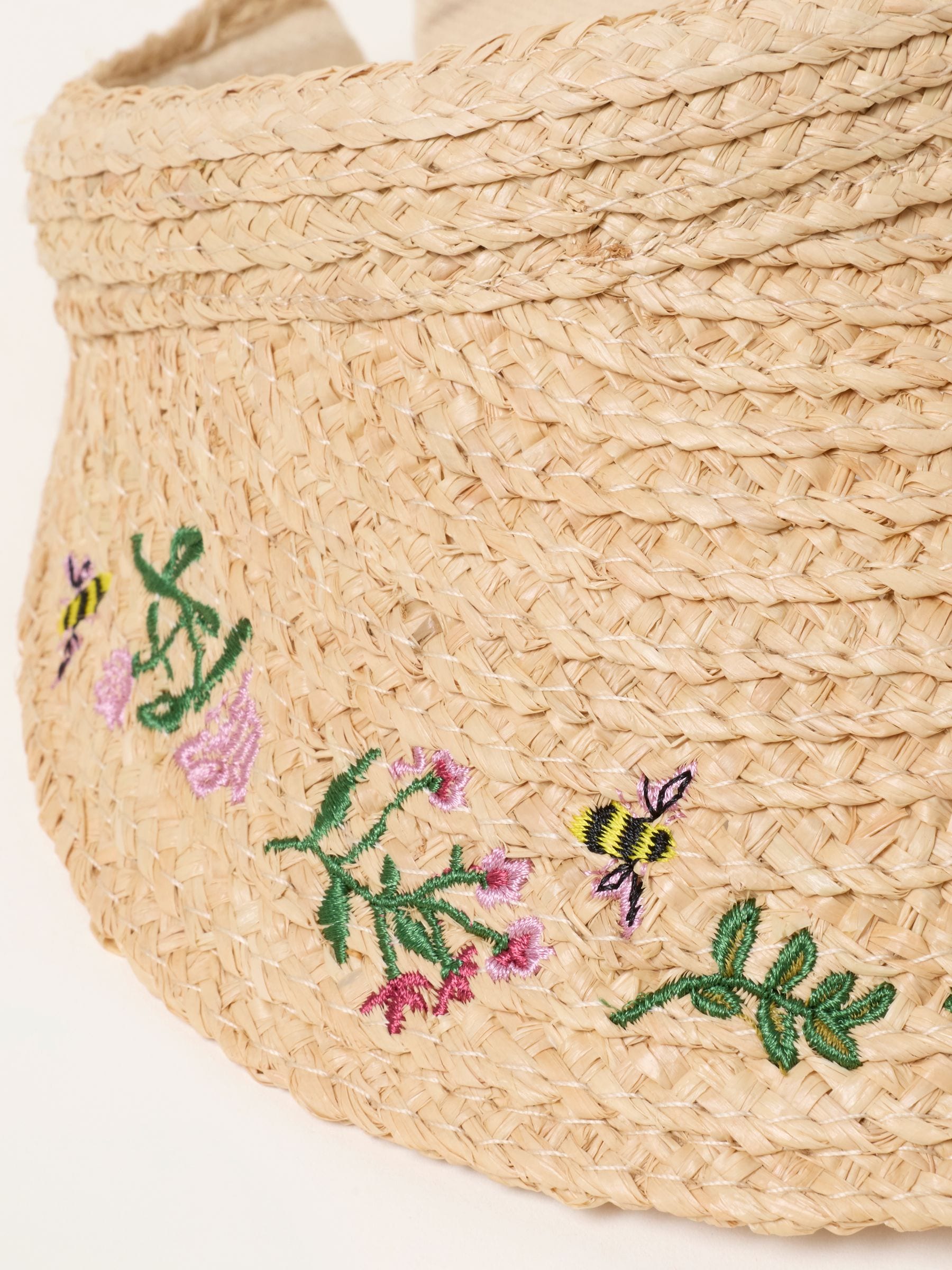 FatFace natural floral bee embroidered straw visor, imported from the UK