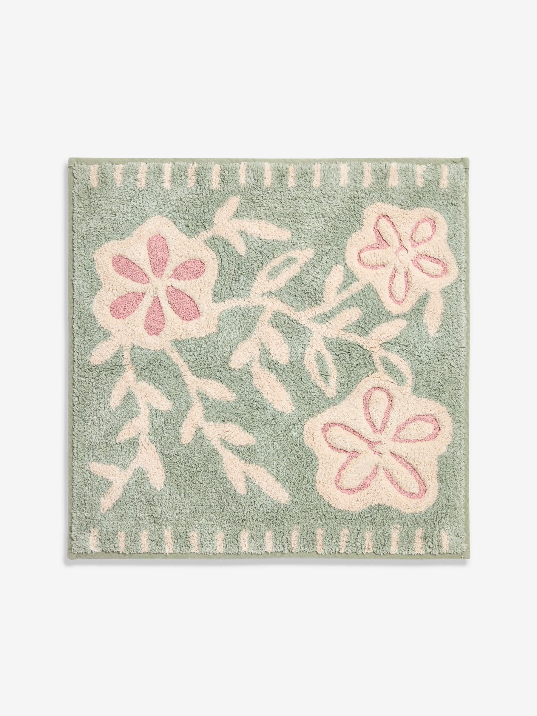 Sage Green Floral Cotton Shower Mat