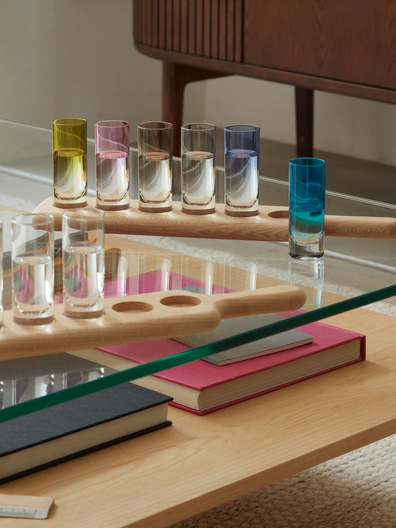 LSA International vodka set with oak paddle and six shot glasses, UK version
