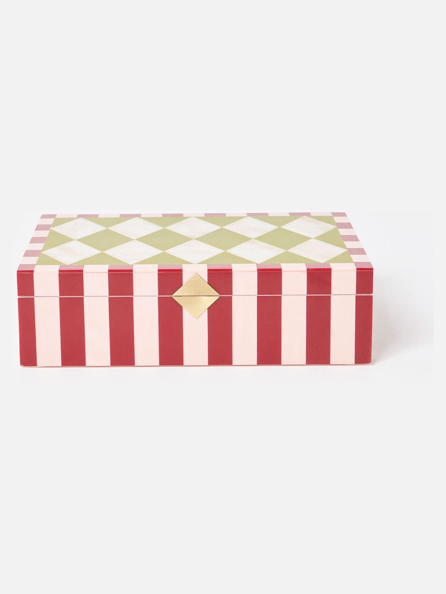 Oliver Bonas burgundy resin harlequin diamond jewellery box, imported from the UK