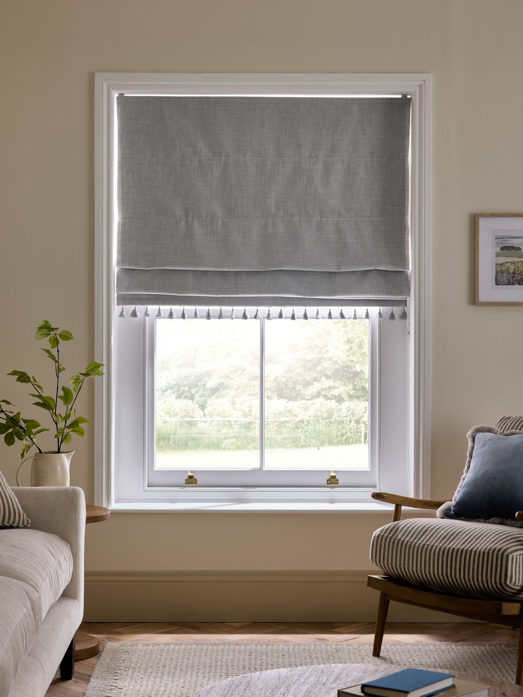 Grey Textured Tassel Edge Ready Made Blackout Roman Blinds