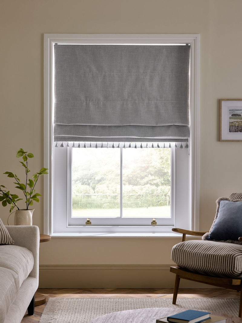 Grey Textured Tassel Edge Ready Made Blackout Roman Blinds