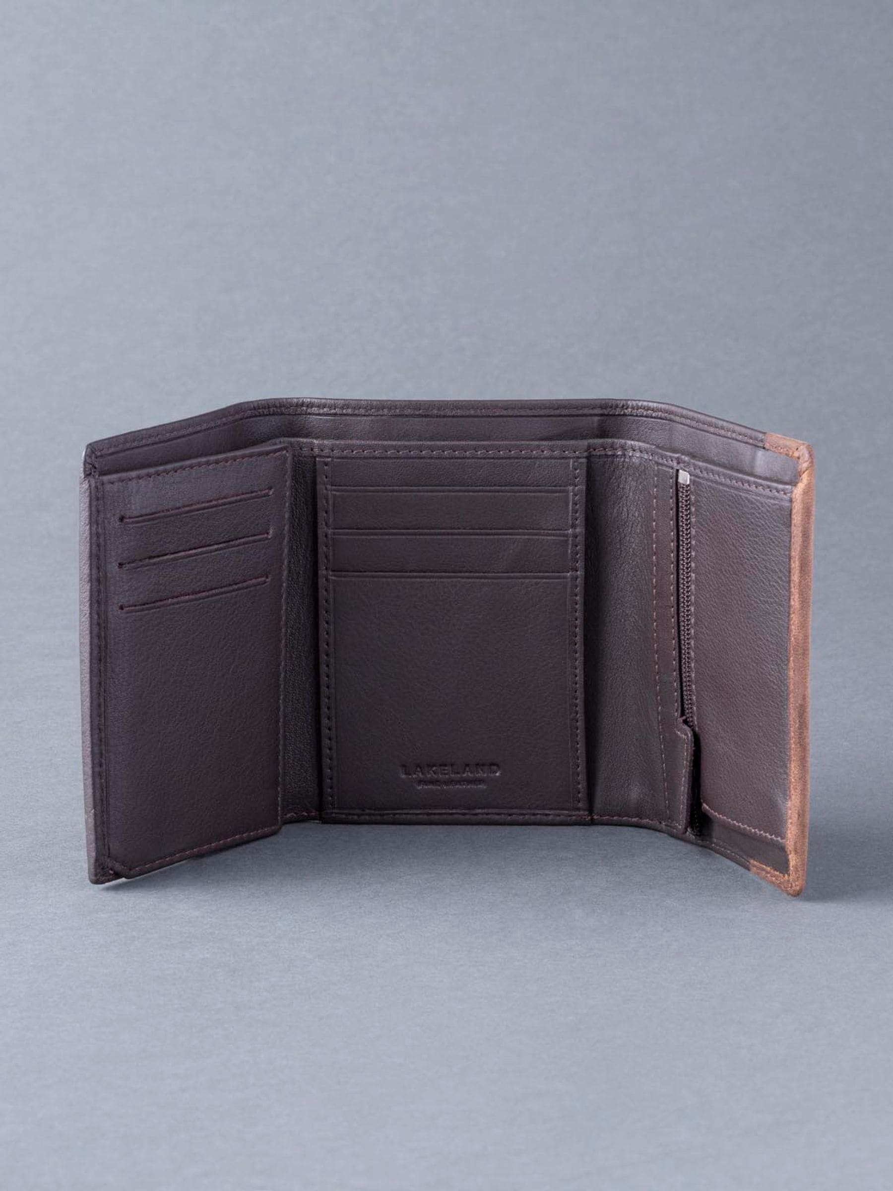 Lakeland Leather brown stitch tri-fold wallet, imported from the UK
