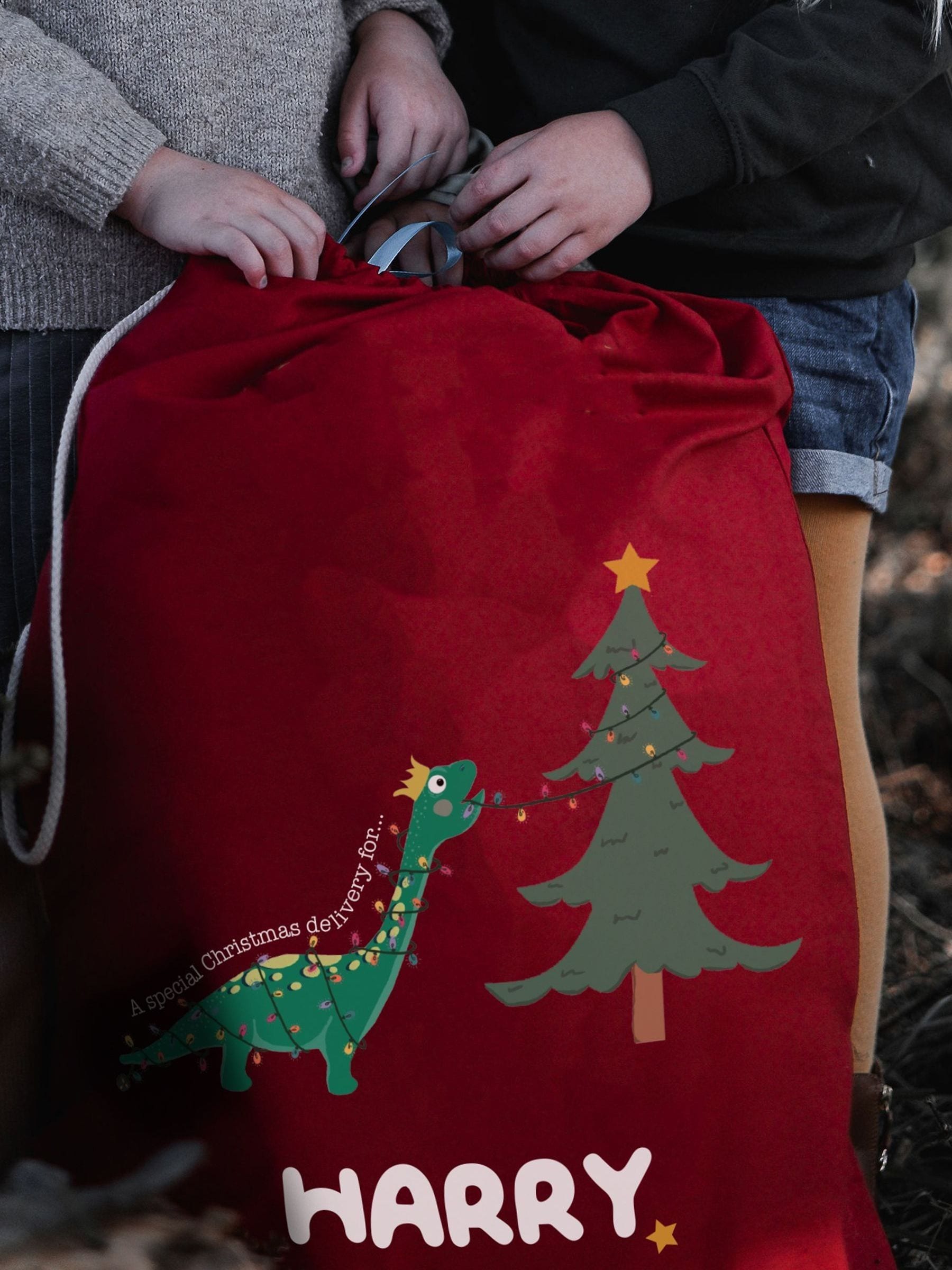 Solesmith personalised dinosaur Santa sack for kids, imported from the UK