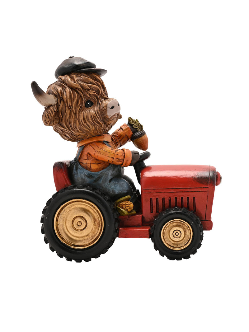 Country Living Brown Highland Cow on Tractor ornament 16cm - British product