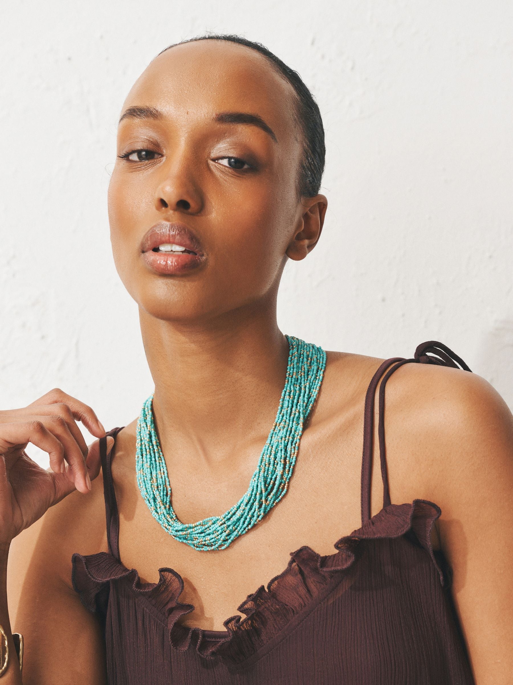 Turquoise beaded multilayer necklace gold accents - British product