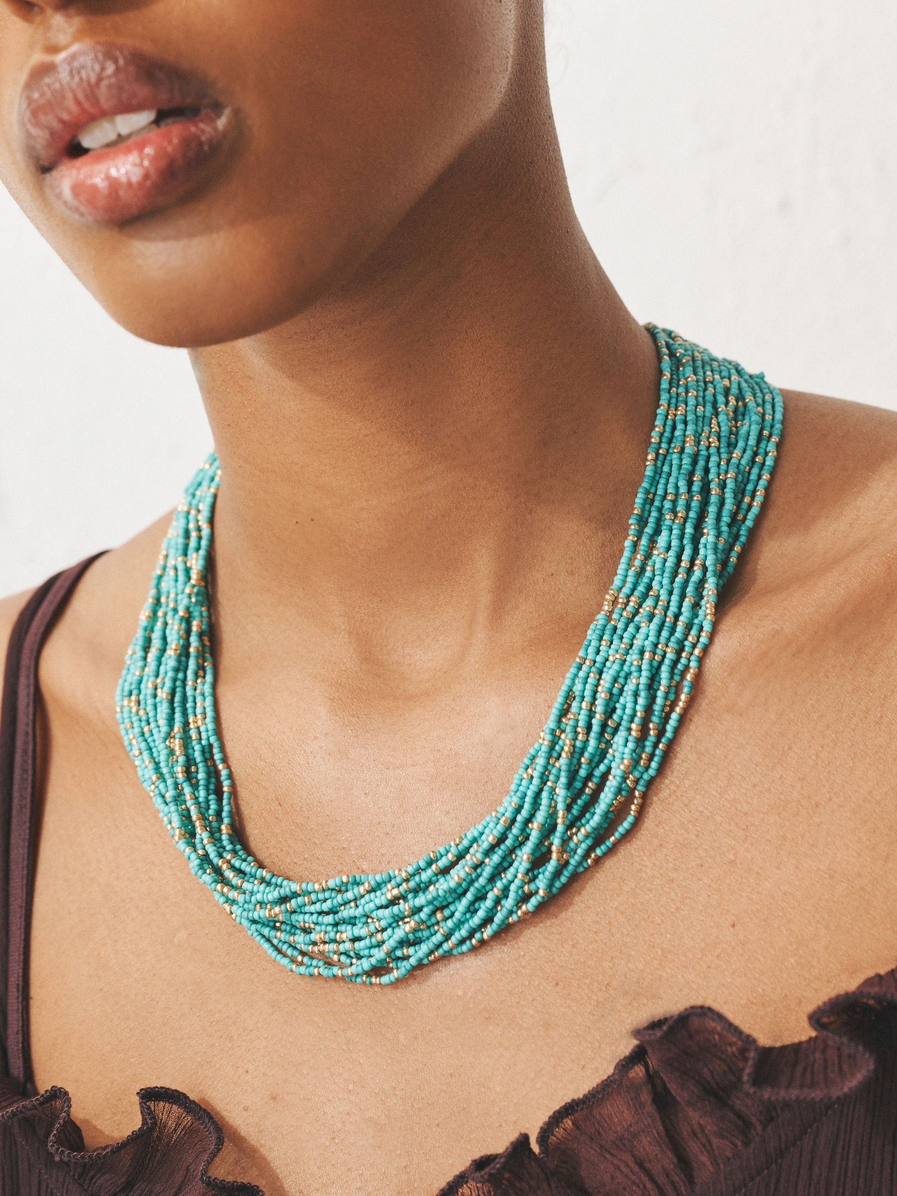 Turquoise beaded multilayer necklace gold accents - British product