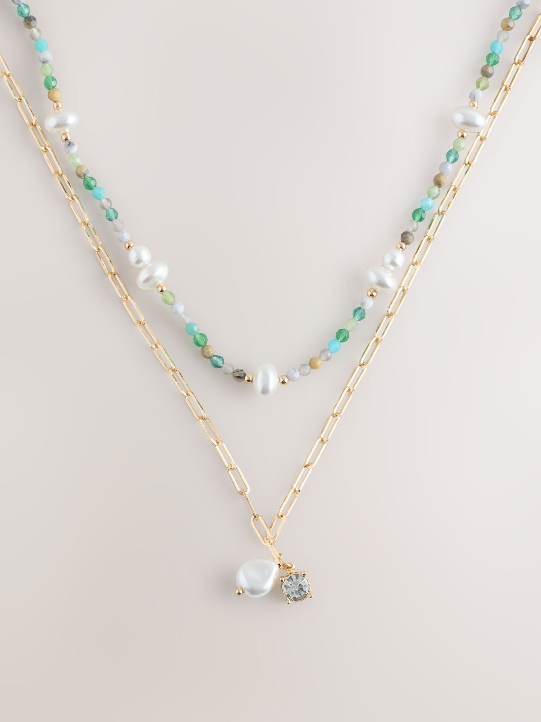 Beady necklace gold tone blue stone pearl effect 2 layer (British brand)