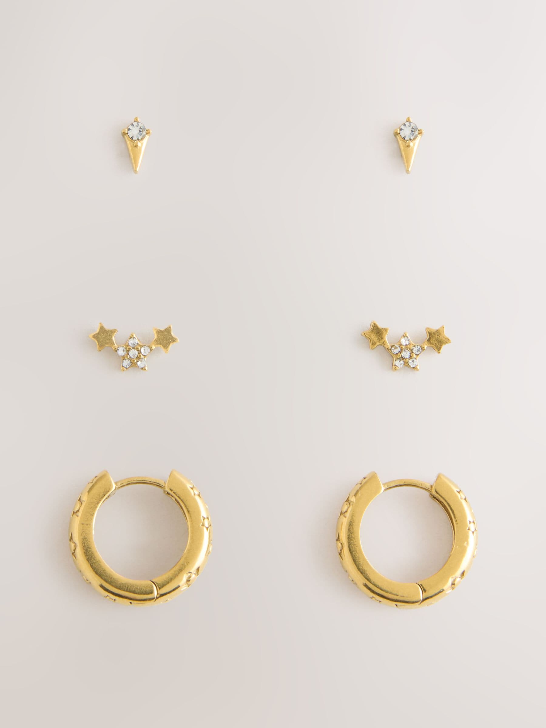 Gold Tone celestial waterproof stainless steel earrings 3 pack - British product