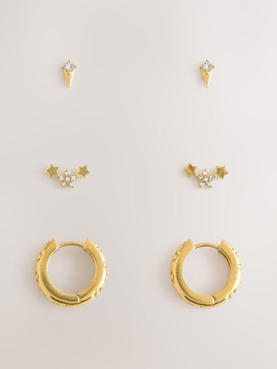 Next Gold Tone Waterproof Stainless Steel Celestial Earrings 3 Pack- Buy online at McGrocer