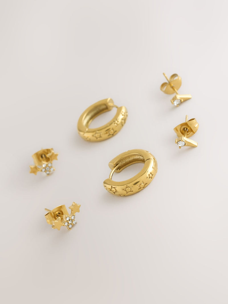 Gold Tone celestial waterproof stainless steel earrings 3 pack - British product
