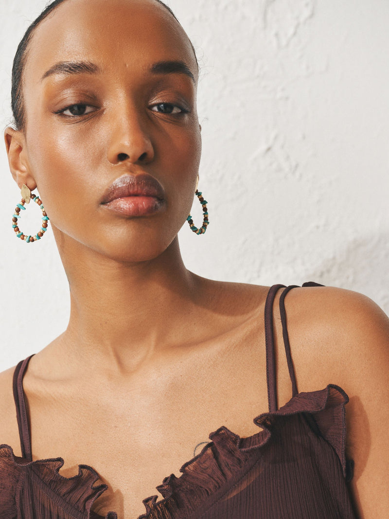 Turquoise and brown bead hoop earrings - British product