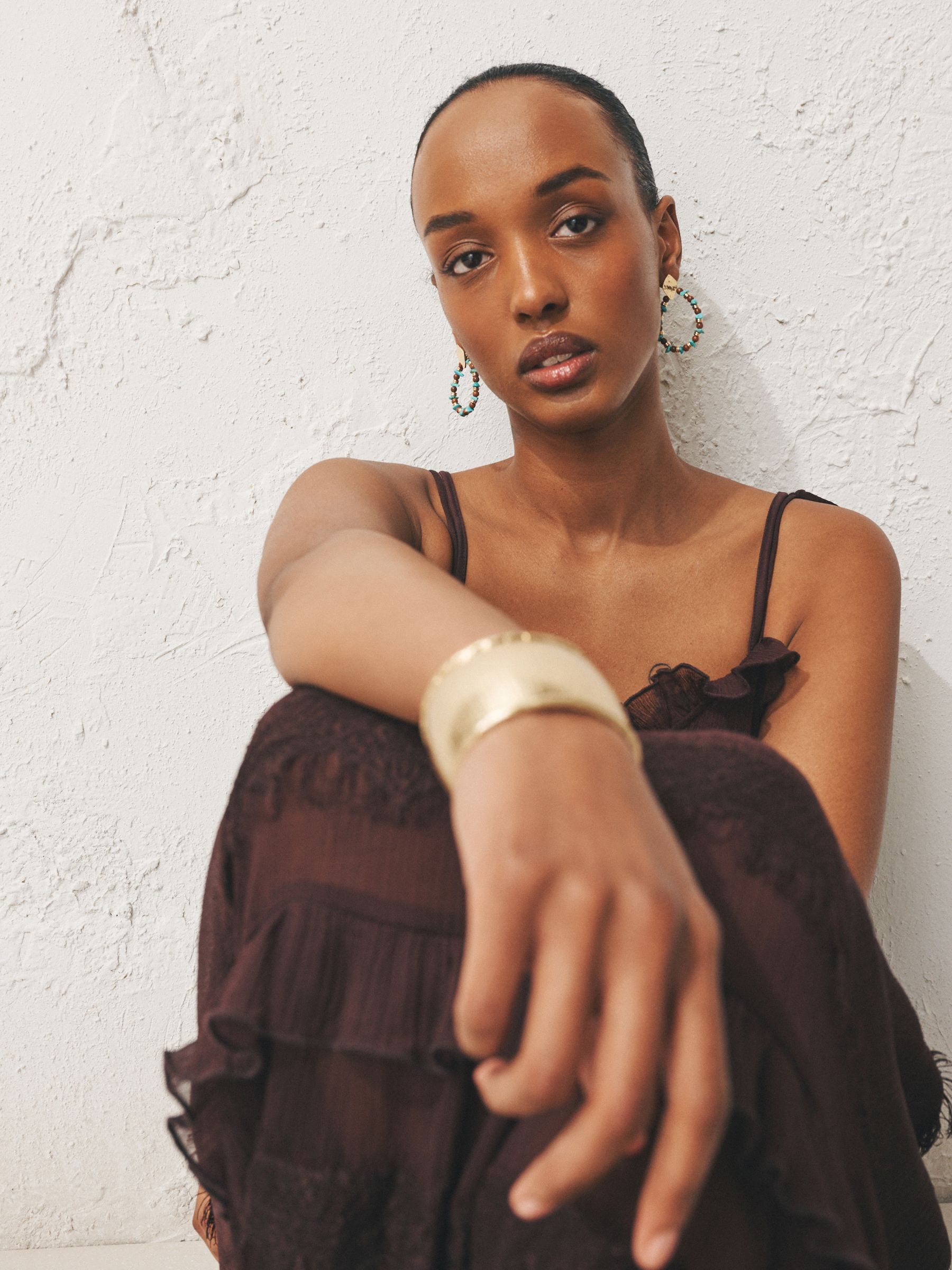 Turquoise and brown bead hoop earrings - British product