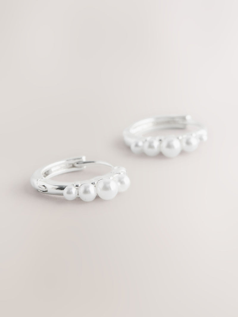 Silver tone pearl effect huggie hoops - British product