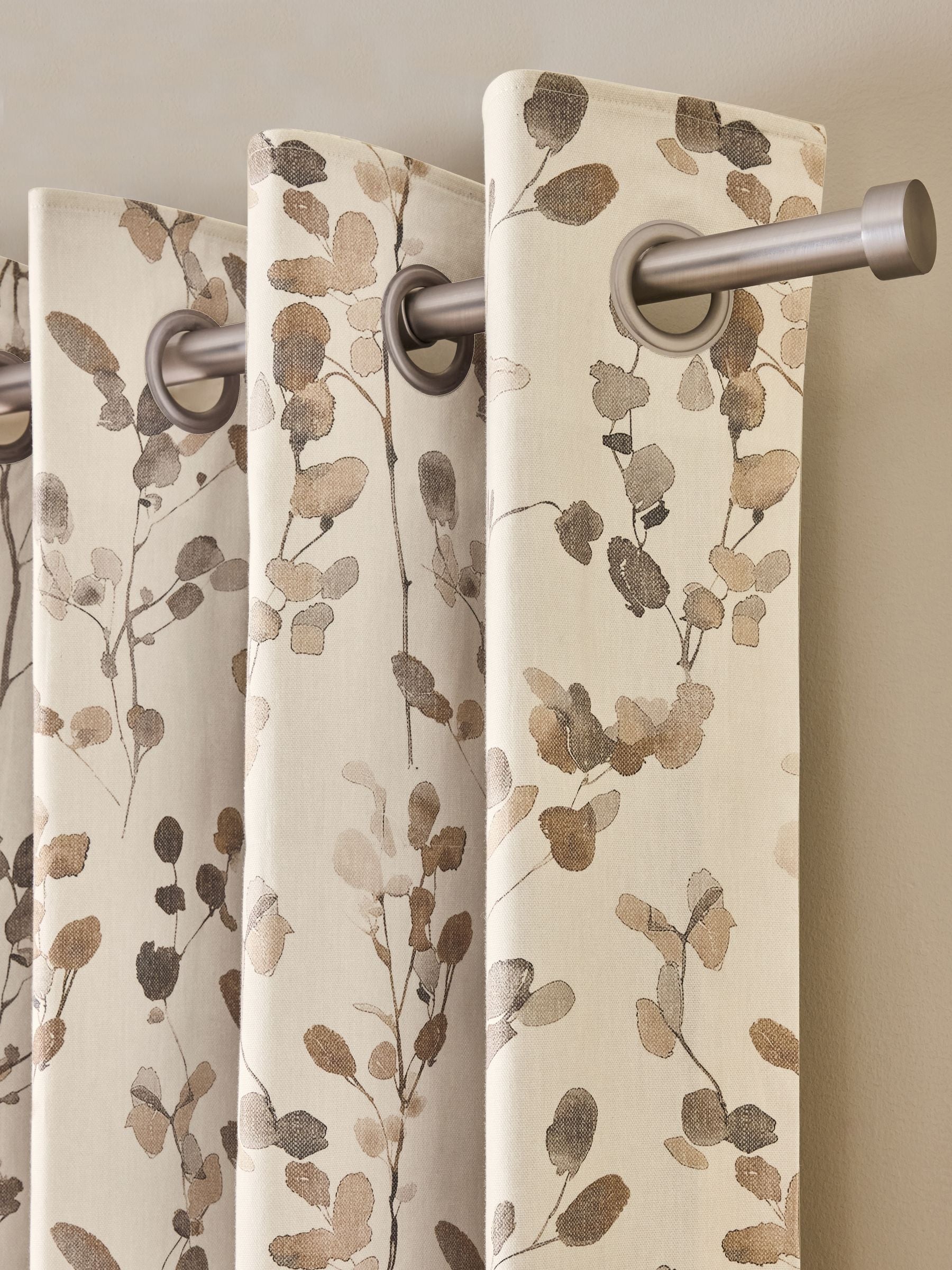 Natural/Brown Honesty Leaf Floral Print Blackout/Thermal Eyelet Curtains