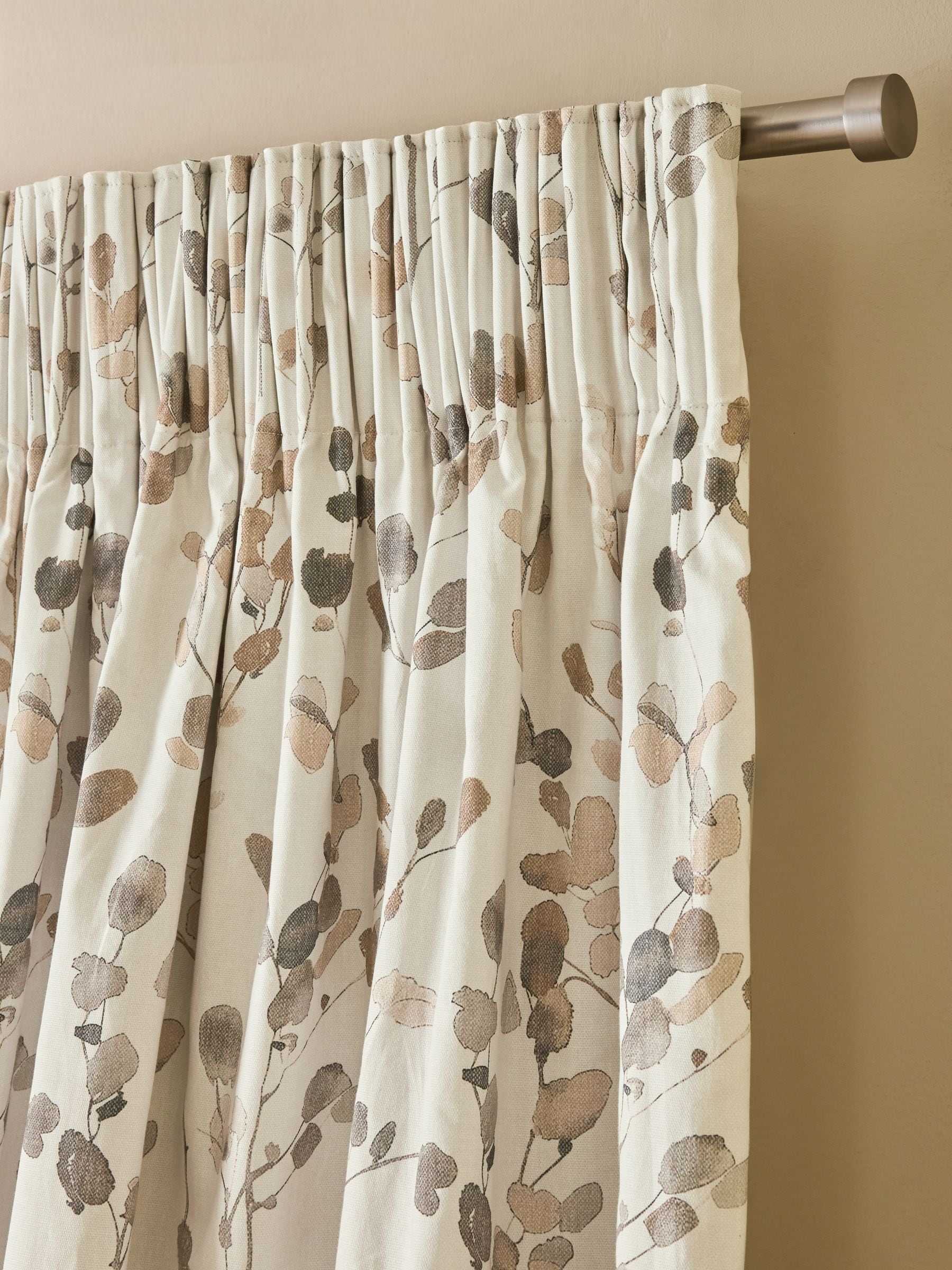 Natural/Brown Honesty Leaf Floral Print Blackout/Thermal Pencil Pleat Curtains