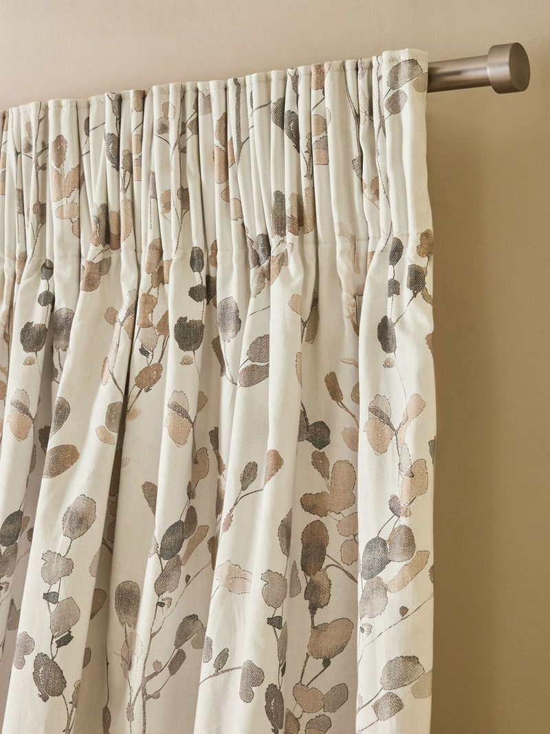 Natural/Brown Honesty Leaf Floral Print Blackout/Thermal Pencil Pleat Curtains