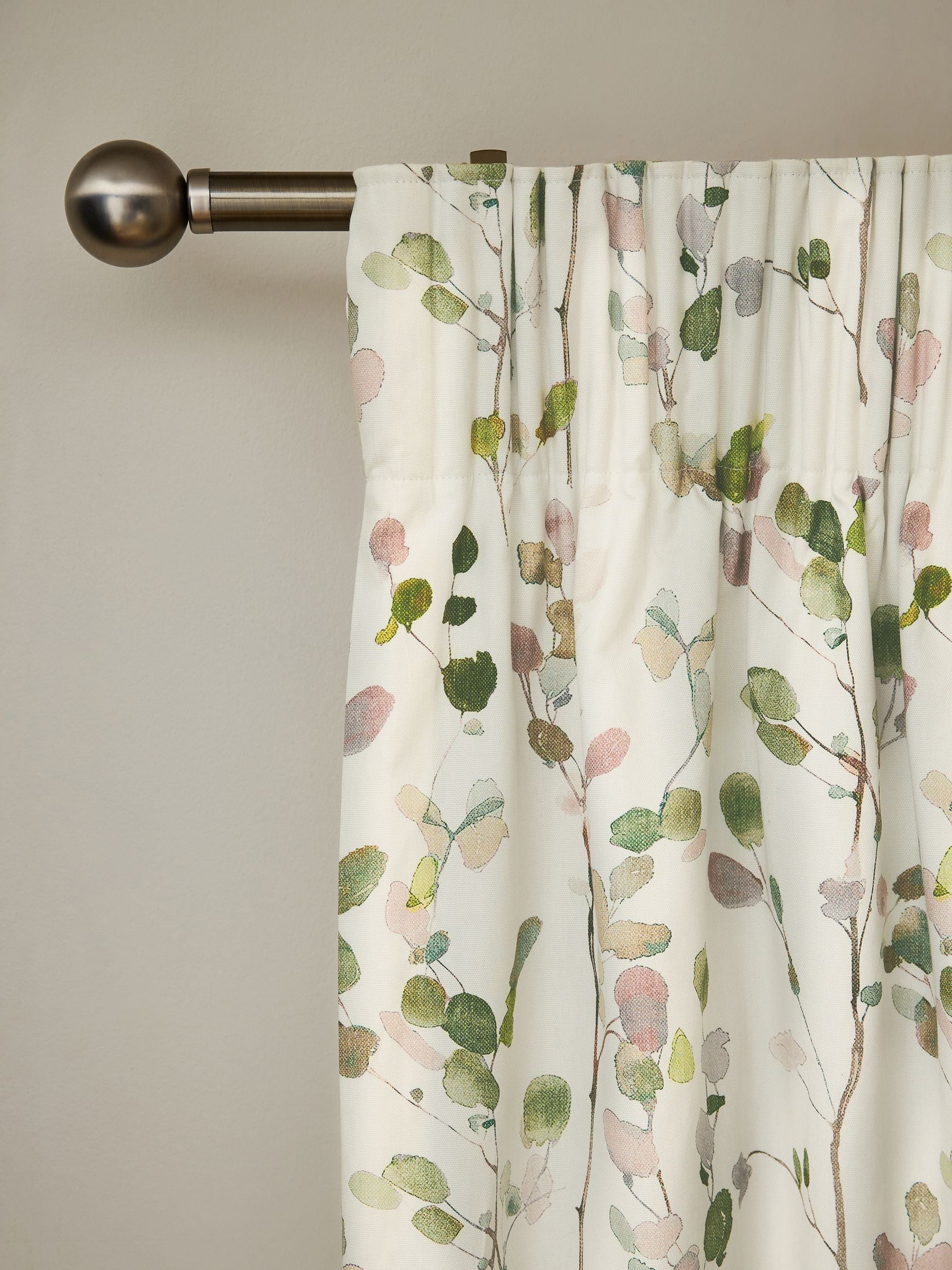 Natural/Green Honesty Leaf Floral Print Blackout/Thermal Pencil Pleat Curtains