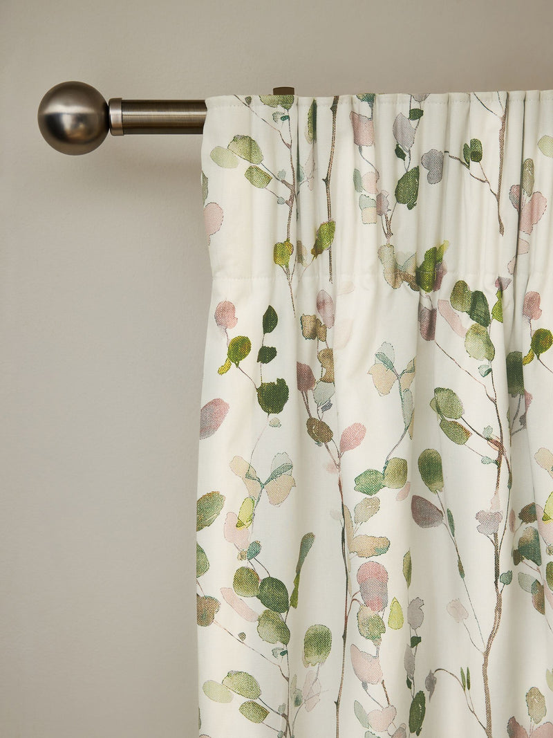 Natural/Green Honesty Leaf Floral Print Blackout/Thermal Pencil Pleat Curtains